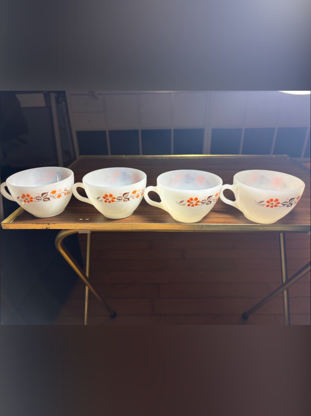 4 Vintage Termocrisa Mexico Milk Glass Teacup Mug Orange Brown Floral Blossom